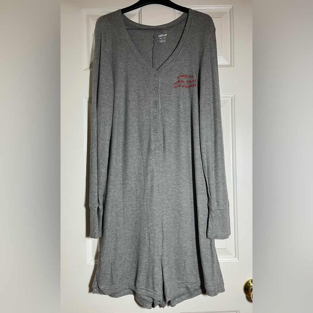 Aerie Gray Pajama Romper with “Wake Me Up When There Are Presents” Embroidery - Picture 1 of 10